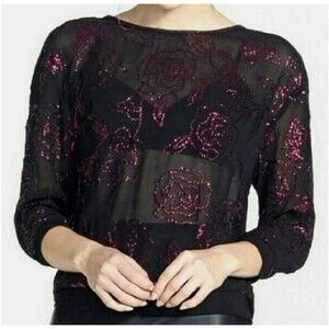 Tildon Women's Sheer Floral Sequin Top Jacket Black/Pink Size Small